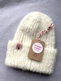 Ręcznie robiona czapka damska WATA CUKROWA Alpaka z Merynosem 01 Ecru